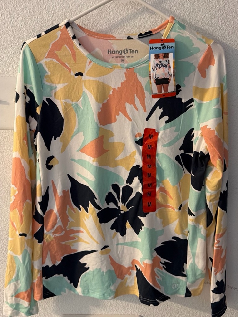 Hang Ten Floral Long Sleeve Crewneck Top in Navy, Peach & Mint